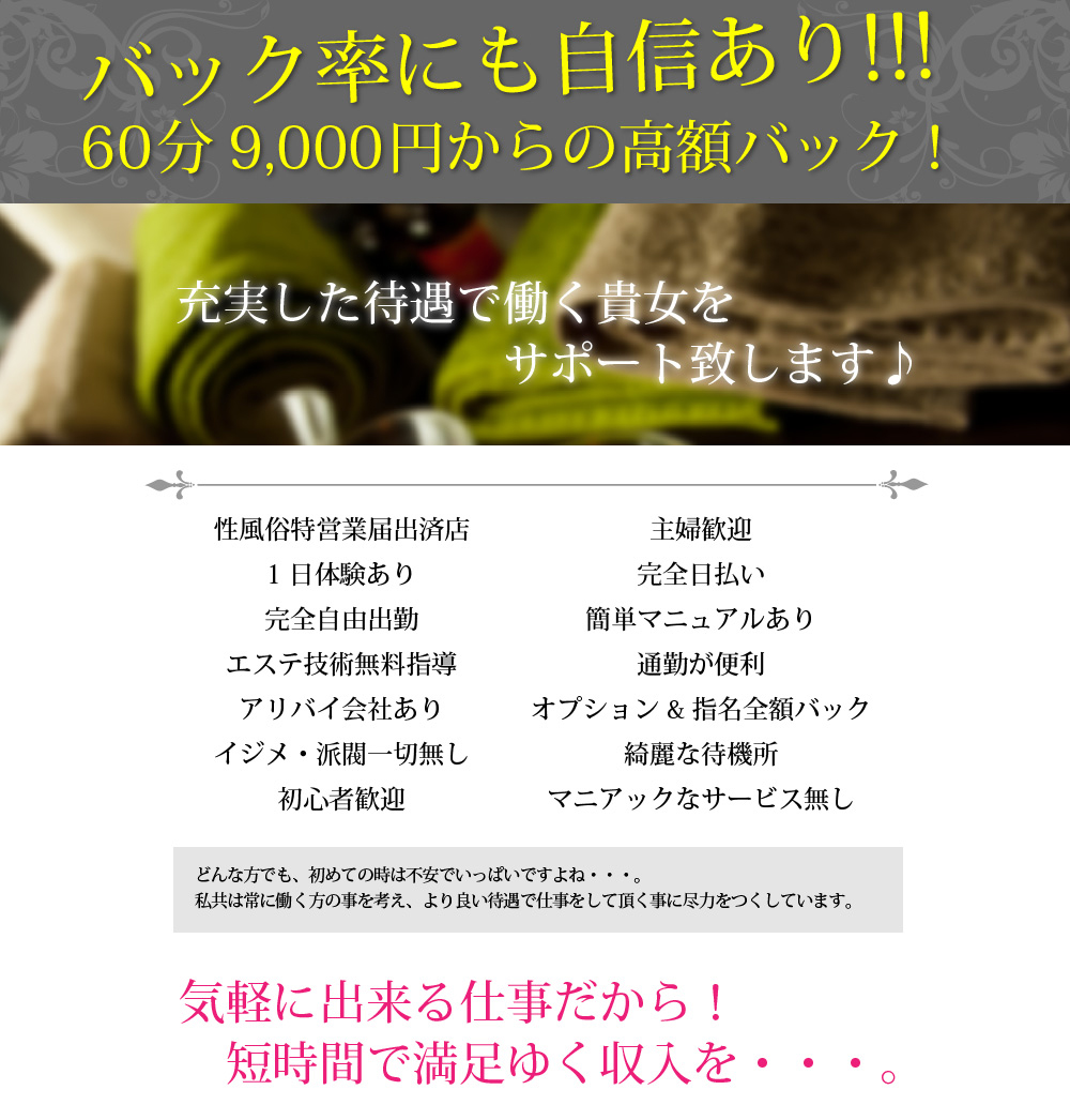 バック率も自信あり!60分9,000円からの高額バック!